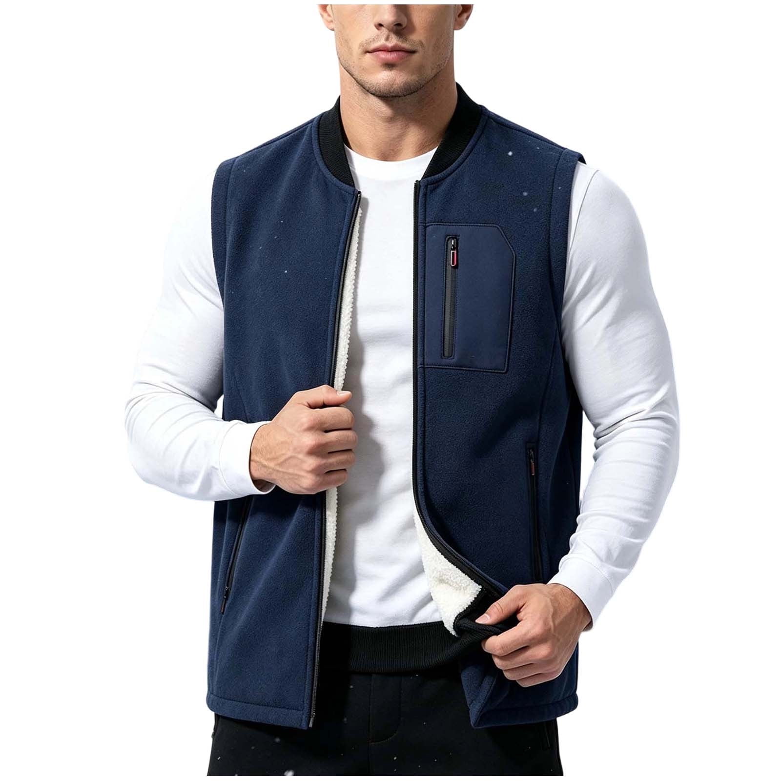Men s Zip up Fleece Vest Baseball Collar Regular Fitting Warm Lined Sleeveless Gilet with Multi Zipper Pockets for Fall Winter Camping Hiking Casual Daily Wear Dark Blue L