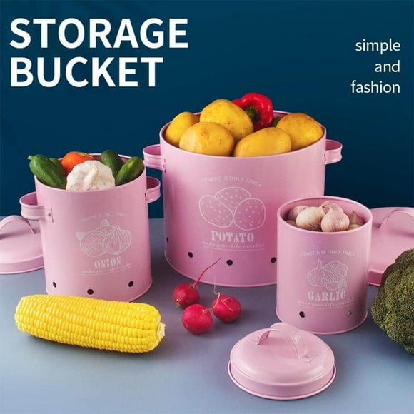 pitrice 3Pcs Potatoes Onions Garlic Bin Kitchen Storage Kitchen food container storage Storage Tins Canisters Containers with 2 Handles Pink