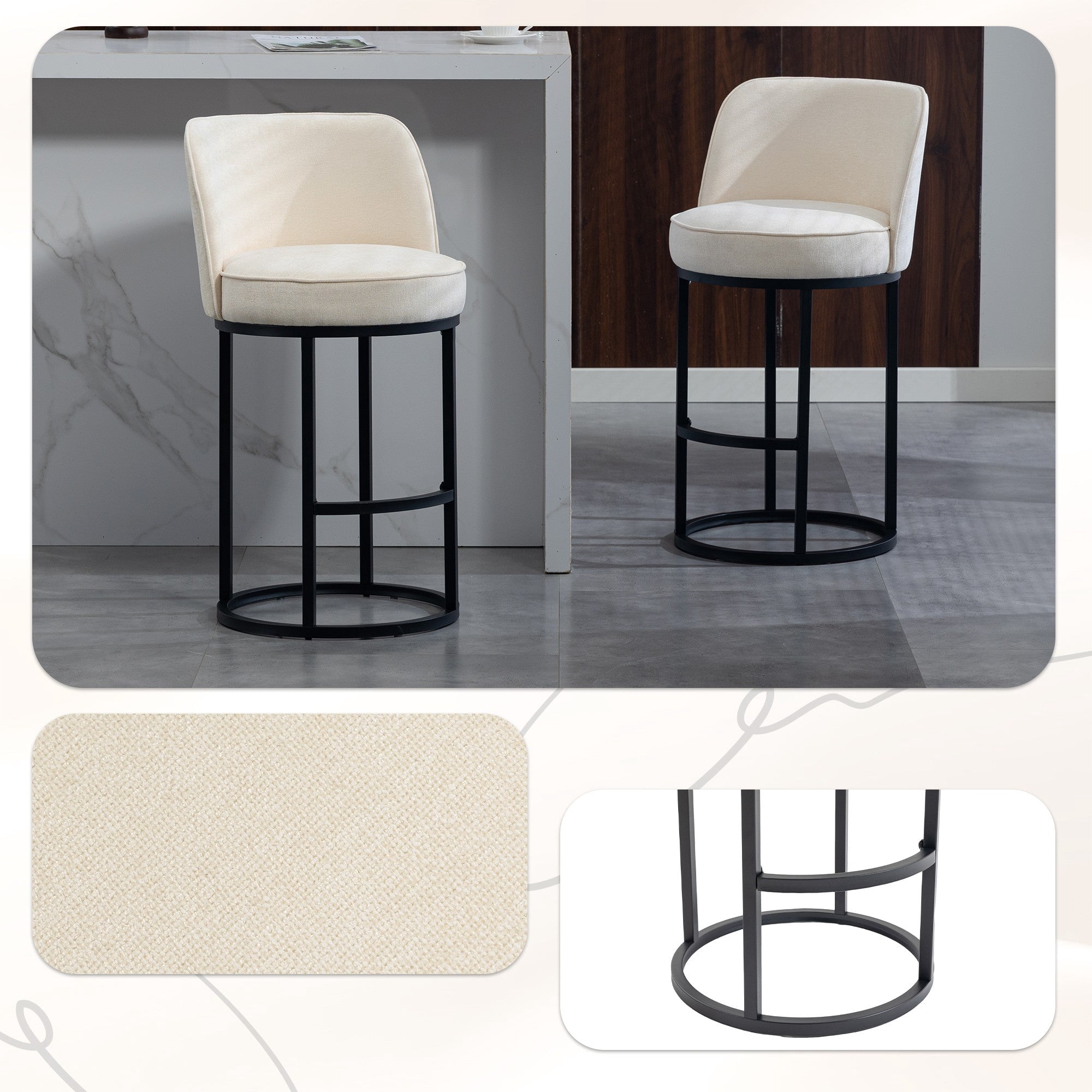 Sailvan Counter Height Bar Stools Set of 2,Modern Upholstered Linen Fabric Kitchen Island Stools with Barrel Backrest & Sturdy Metal Frame Beige
