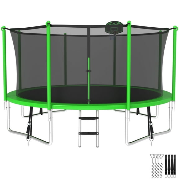 XMIKA Trampolines 14FT 15FT 16FT, Trampolines for 4-6 Kids/1-2 Adults, 1400LBS Outdoor Trampolines with Enclosure Net, Basketball Hoop, Ladder, Heavy Duty Recreational Trampoline, Fast Assembly