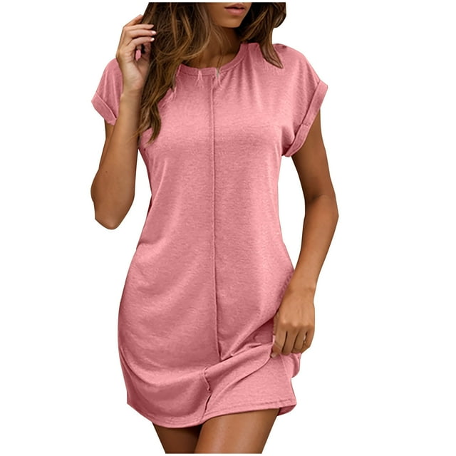 Staron Robes pour Femmes Col Rond Couleur Unie Printemps Robes T-shirt Amples Décontractées Été Manches Courtes Fête Plage Robe
