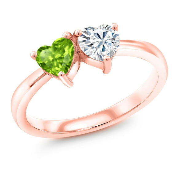 Gem Stone King 18K Rose Gold Plated Silver Fashion Right-Hand Ring Heart Shape Green Peridot and Moissanite (0.92 Cttw, Size 5)