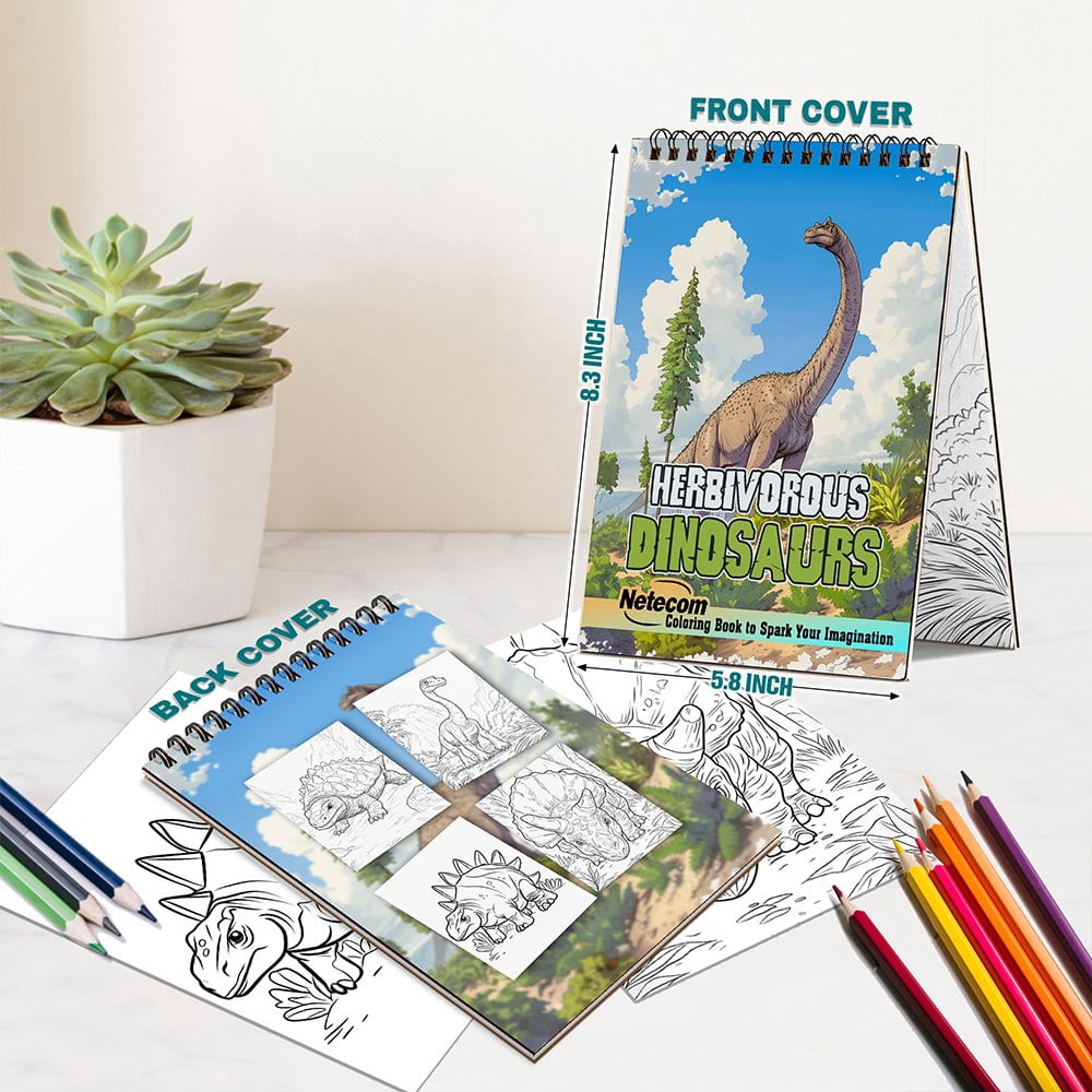Netecom Herbivorous Dinosaurs Coloring Book for Adults, A5 Wooden Cover, 30 Epic Coloring Pages of Herbivorous Dinosaurs for Stress Relief and Relaxation, Spiral Bound Edition