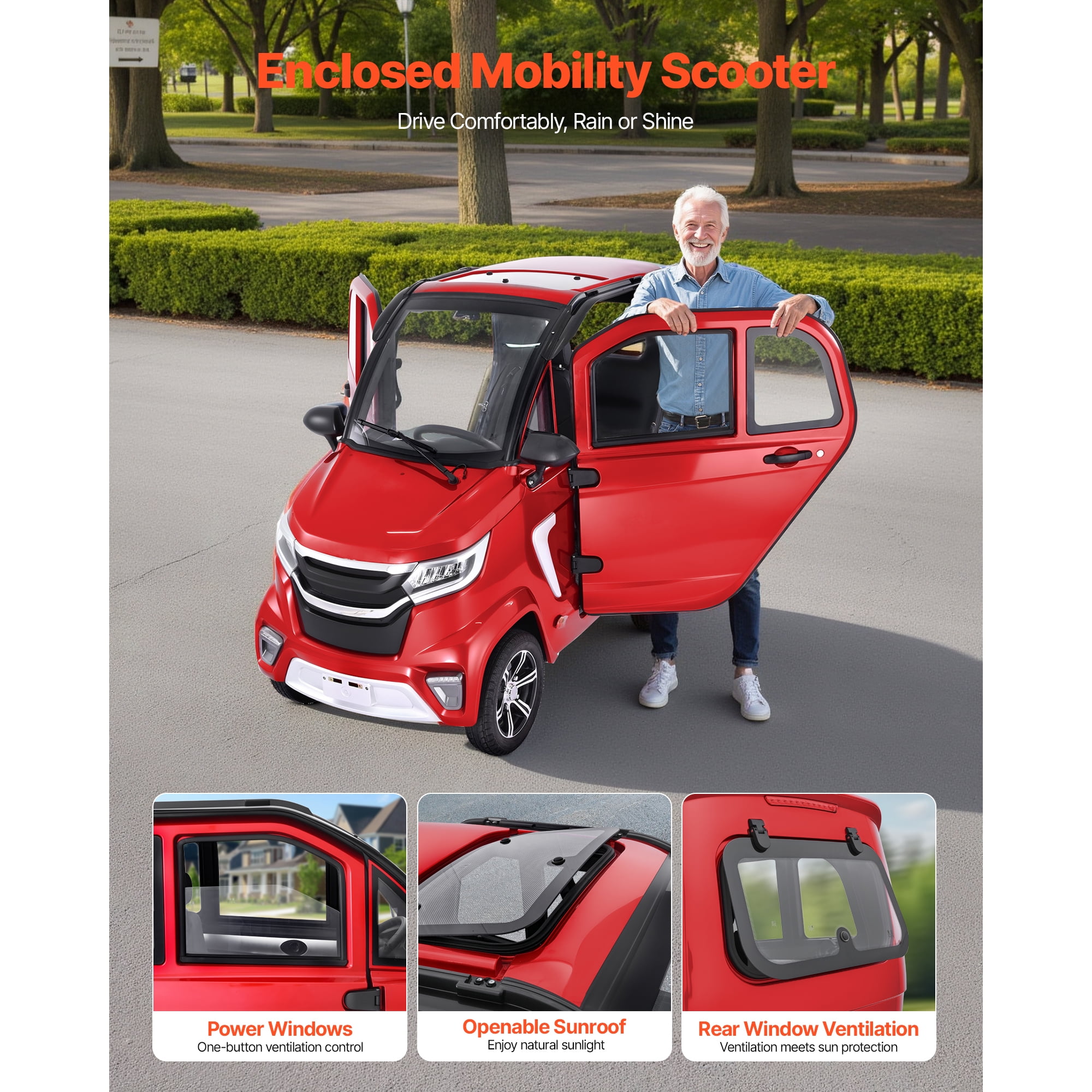 KFFKFF 4-Wheel Enclosed Electric Mobility Scooter for Adults and Seniors, 660 lbs Capacity, 3-Seater Recreational Vehicle with 45-Mile Range, Remote Unlock, and All-Terrain Design for Travel