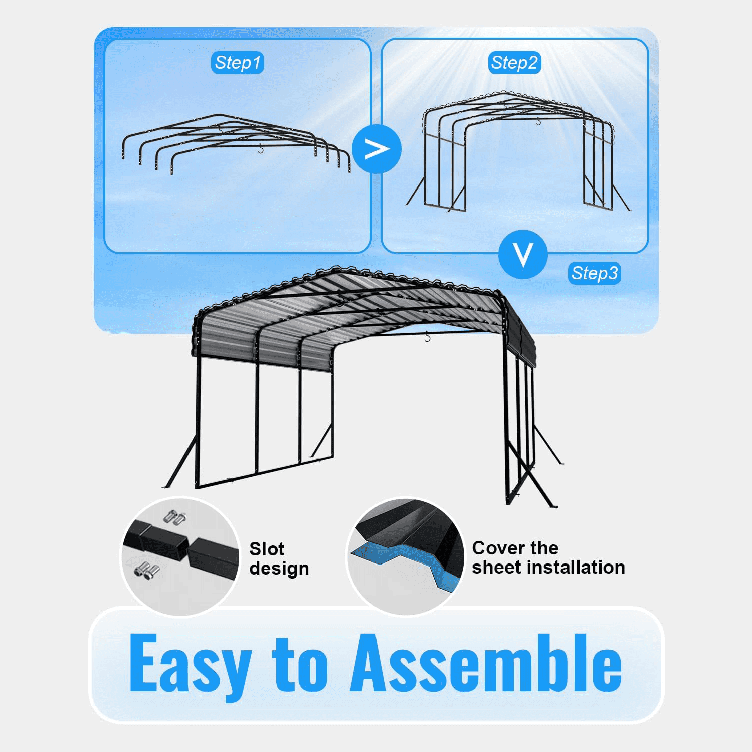 10x15ft Heavy-Duty Metal Carport, Reinforced Iron Frame All-Weather Canopy, Windproof UV-Resistant Shelter for Cars/Trucks/Boats, Easy Assembly for Backyard/Driveway | WUKHG