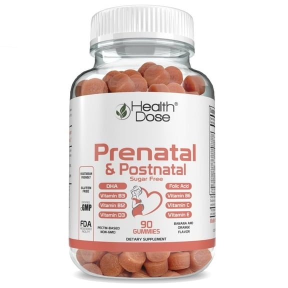 Health Dose Prenatal & Postnatal Vitamins DHA & Folic Acid, Gluten & Sugar-Free, Vitamin B6, B12, C   Zinc 90 Gummies.