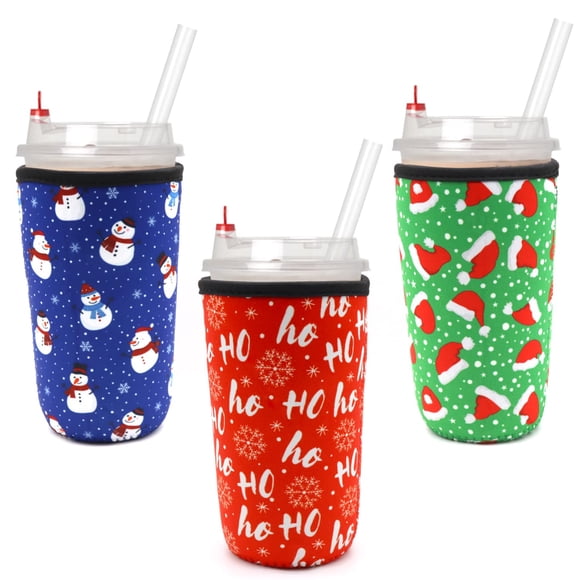 Funda Reutilizable para Café Frío de Neopreno para Vasos Grandes, Aislante Compatible con Starbucks, Dunkin y McDonald’s - 3mm de Grosor (Tamaño Grande 900-950 ml, Estilo Gorro Navideño)