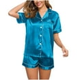 thumbnail image 4 of Bride Pajamas Womens Satin Pajamas Set Short Sleeve Button Tops and Shorts Sleepwear 2 Piece Nightwear Set Two-Piece Sleepwear Loungewear Pajama Sets Blue XL, 4 of 6