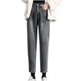 thumbnail image 2 of FAMTKT Women High Waisted Wide Legs Denim Pants Straight Pants Casual Loose Plush and Thick Trousers Streetwear, 2 of 5
