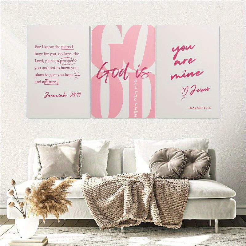 3pcs Trendy Pink Girly Christian God Is Good All The Time Wooden Framed Canvas Painting, Wall Art, Living Room Decoration Bedroom Home Decor, Bedroom Artwork, Modern Wall Painting, Girly Aesthetic,