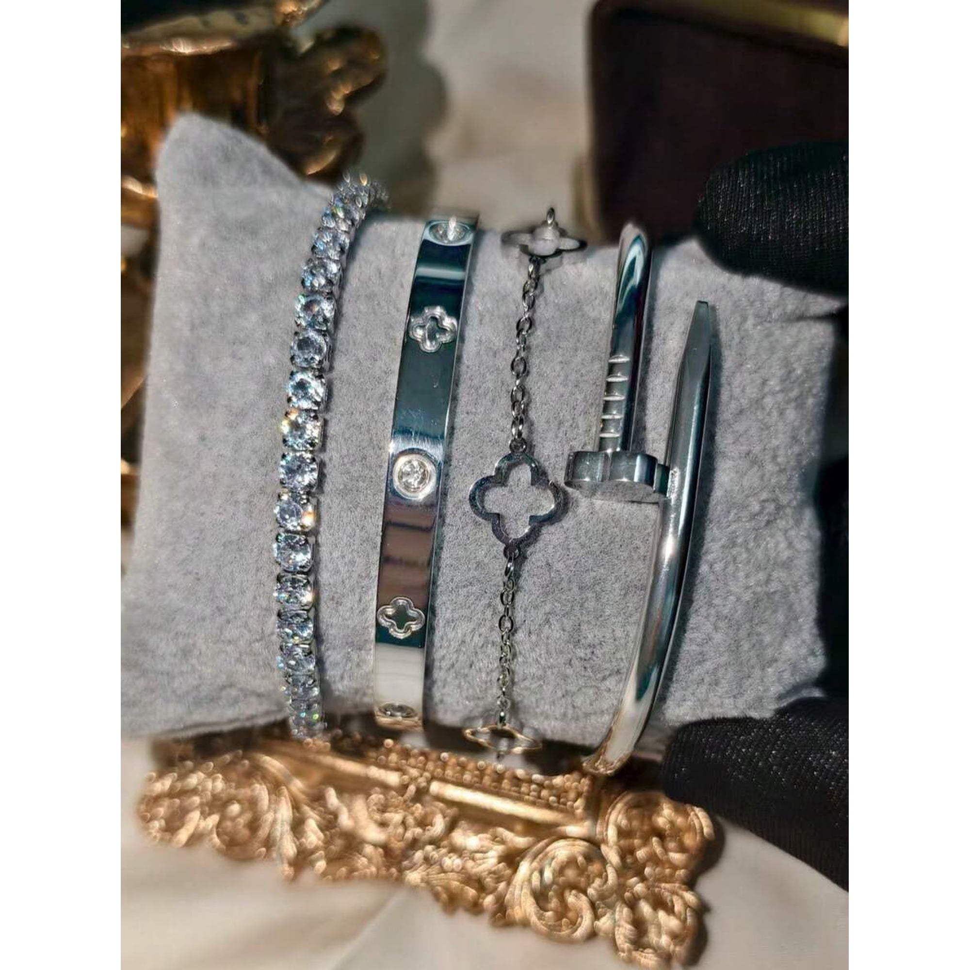 Silver-3 Stainless Steel Rhinestone Clover & Nail Bangle Bracelet Set Of 4