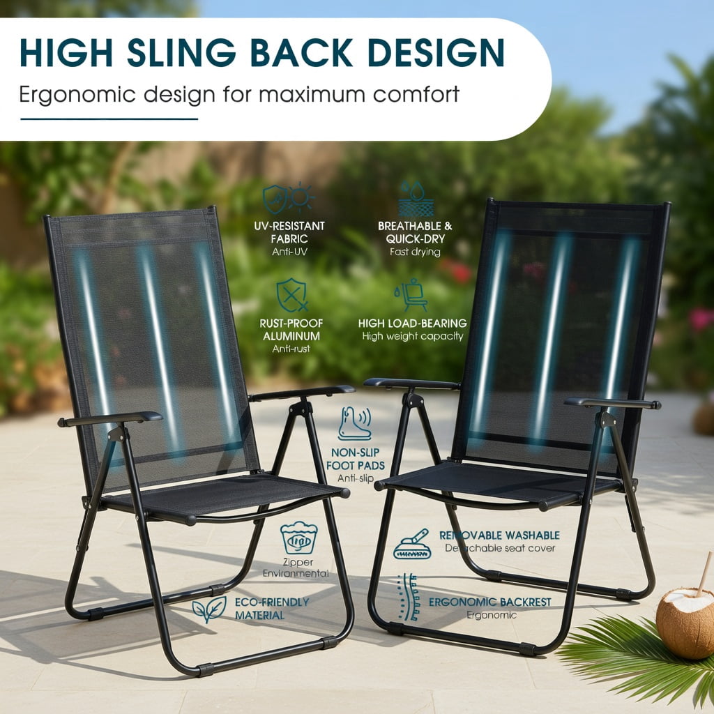 Hommoo 2-Pack Adjustable Outdoor Folding Dining Chairs, Heavy-Duty Steel Frame, Breathable Fabric, Portable Patio Recliners for Deck, Poolside & Garden, Black