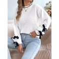 thumbnail image 5 of Women Knit Crew Neck Contrast Lantern Long Sleeve Pullover Sweater with Decorative Cuff Straps White M, 5 of 9