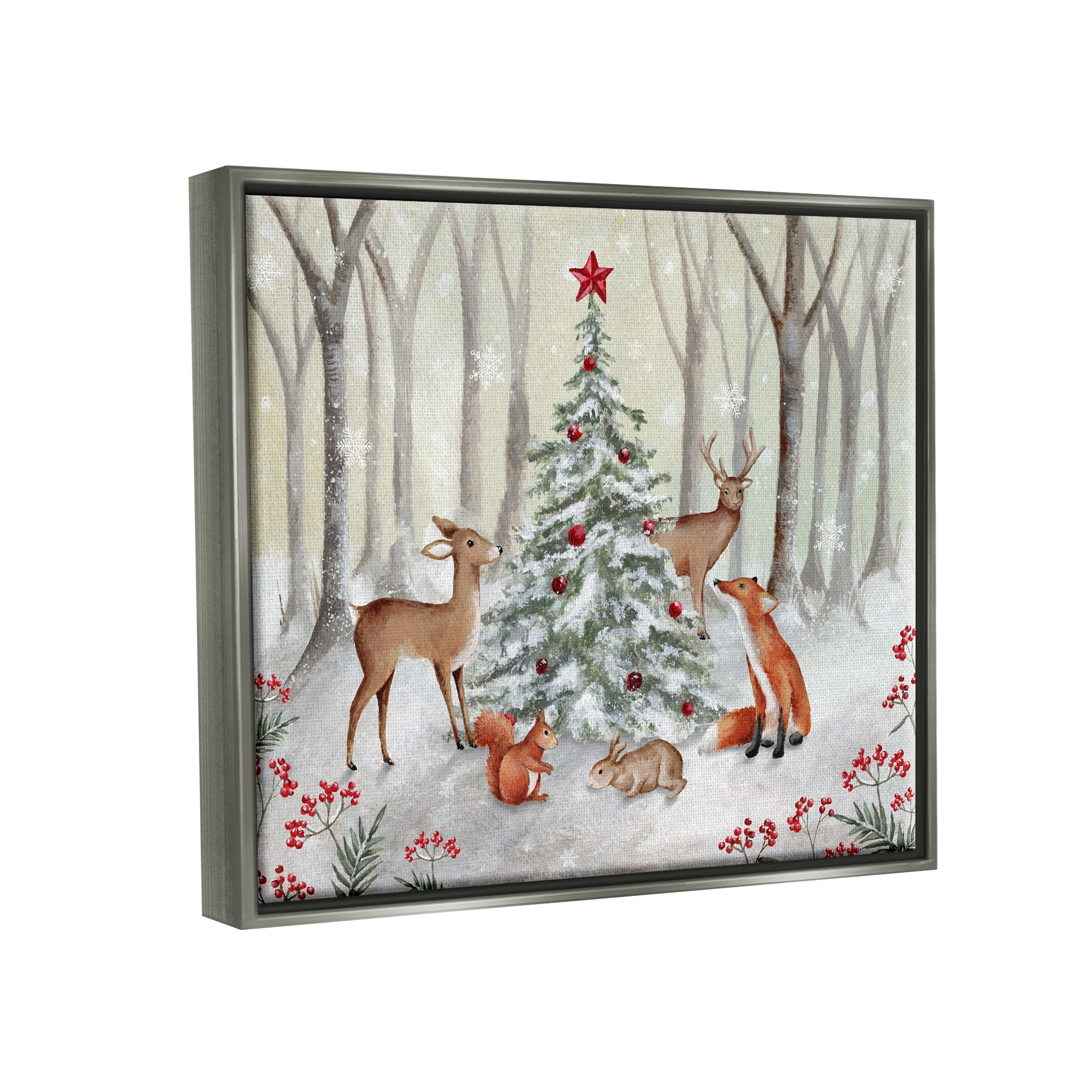 Stupell Industries Forest Animals & Christmas Tree Holiday Painting Gray Floater Framed Canvas Art Print Wall Art, 21 x 17
