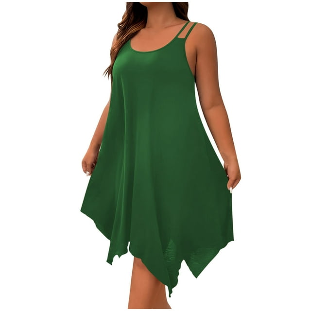 hotojiny Robes Grande Taille pour Femmes Rondes Décontractées Ourlet Mouchoir Sans Manches Tunique Fluide Hauts d'Été Col Rond Débardeurs de Plage