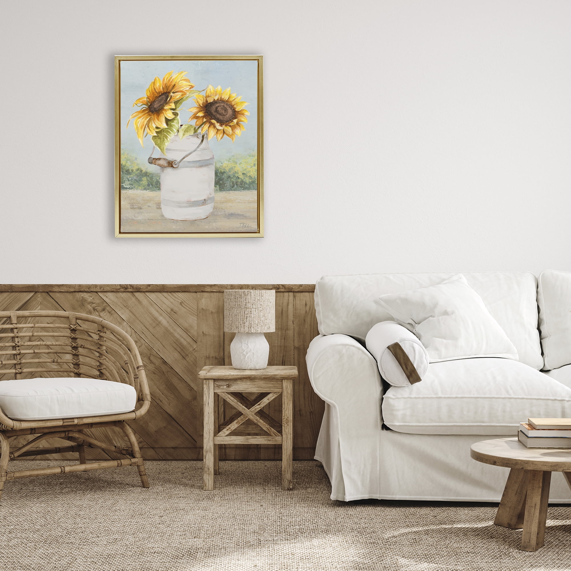 Stupell Industries Sunflower Pitcher in Country Gold Framed Floater Canvas Wall Art, design by Patricia Pinto