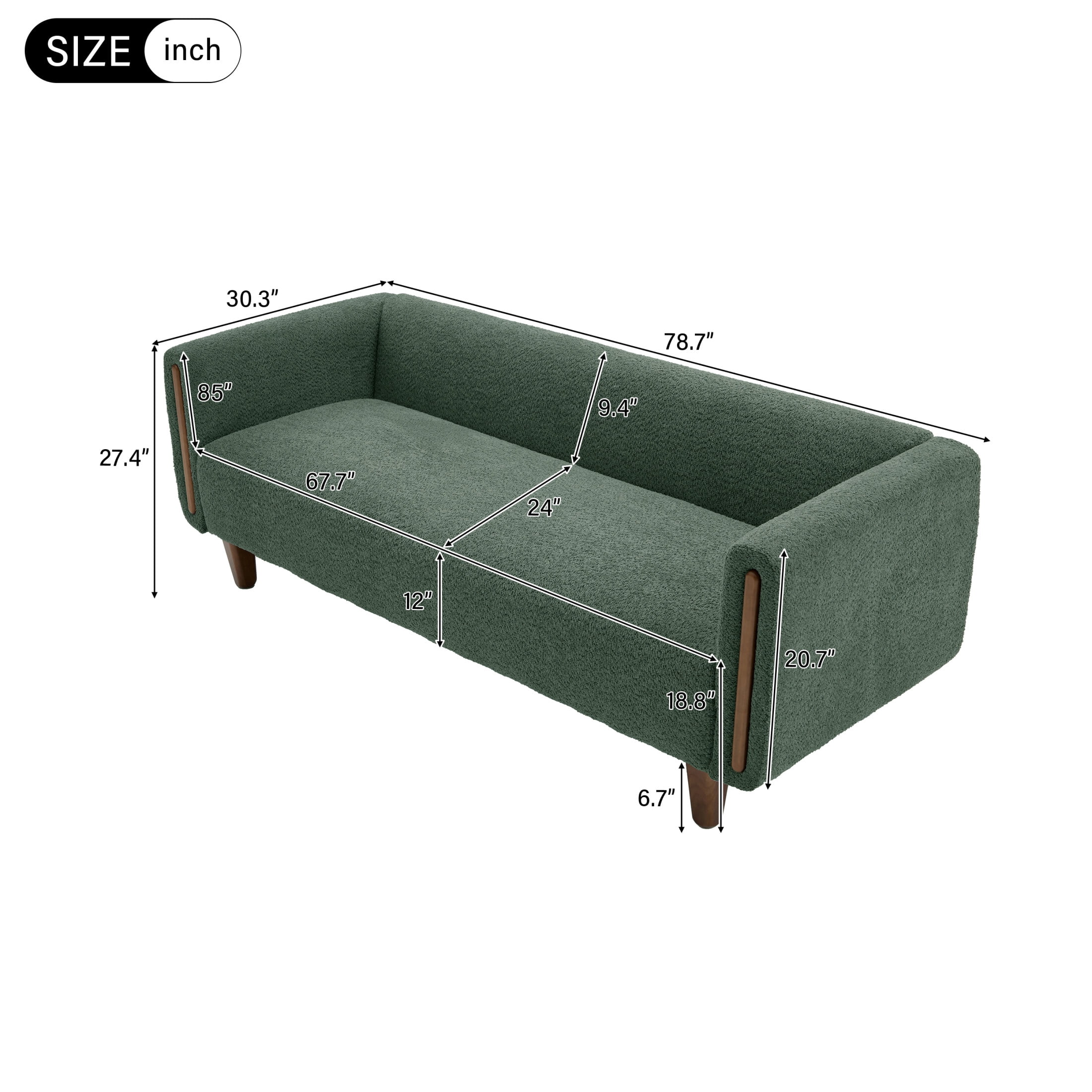 Christopher Knight Home 78.7" Modern Sofa with Rubberwood Legs and Stylish Armrests, 3 Seats, Green