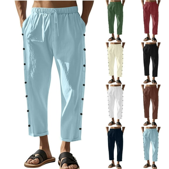Fengqque Mens Casual Pants Drawstring Elastic Waist Lightweight Linen-cotton Pants Summer Beach Trousers White XS(XS)