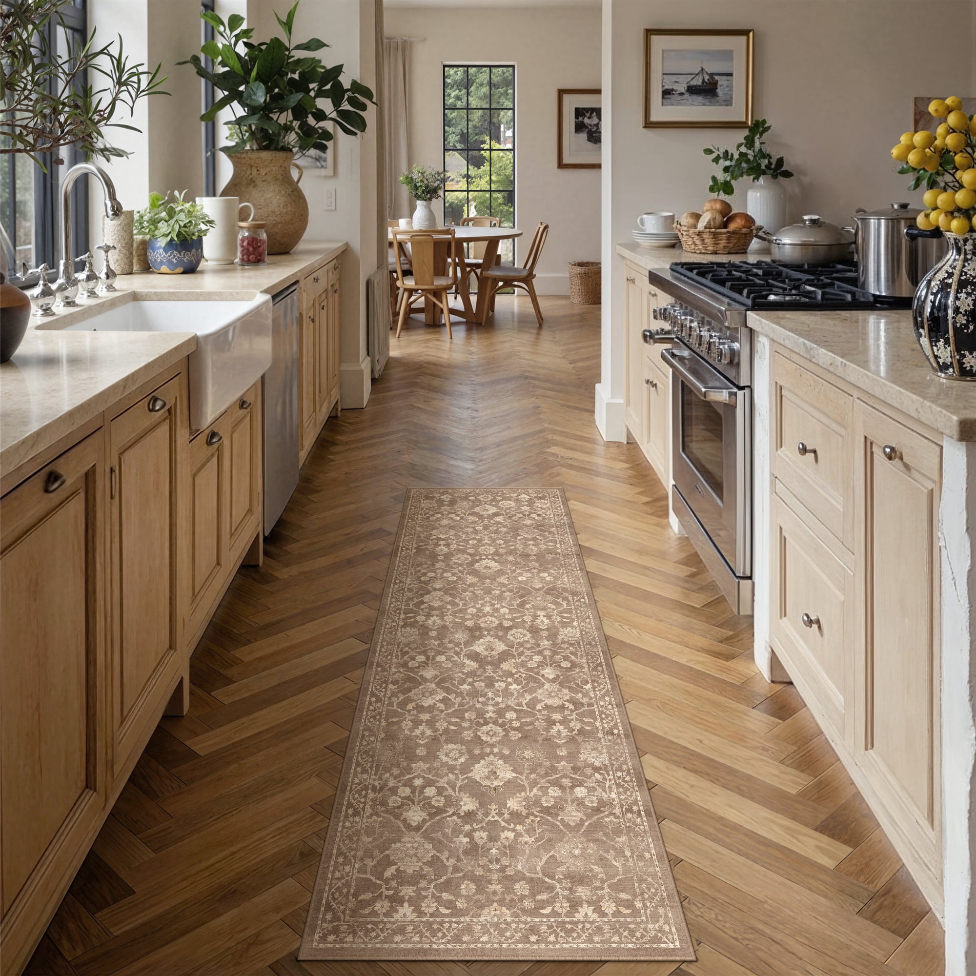 BERTHMEER 2'×6' Runner Rugs for Hallway Kitchen Entryway Bedroom Bathroom Entrance Oriental Floral Vintage Farmhouse Machine Washable Non-slip Traditional Distressed rugs, Brown