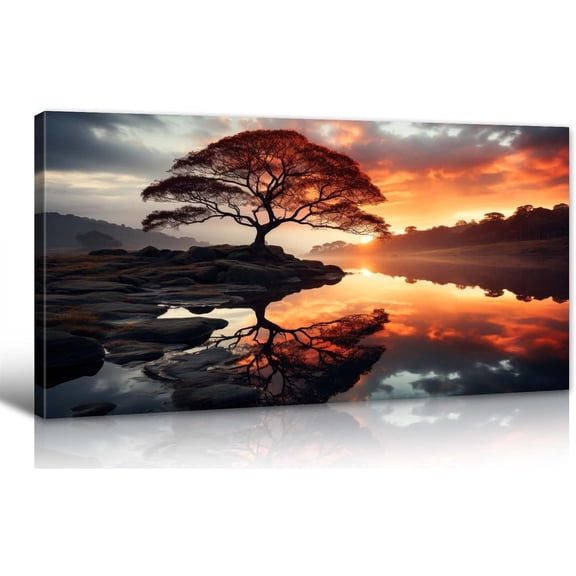 WFSposterLarge Landscape Canvas Wall Art Living Room Decor Black and Golden Sunset Panoramic Forest Natural Landscape Painting For Office Bedroom Artwork Home Aesthetics Decoration Framed
