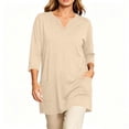 thumbnail image 4 of Tops for Women 3/4 Sleeve V Neck Summer Casual Solid Color Extra Long Double Pocket T-Shirt, 4 of 7