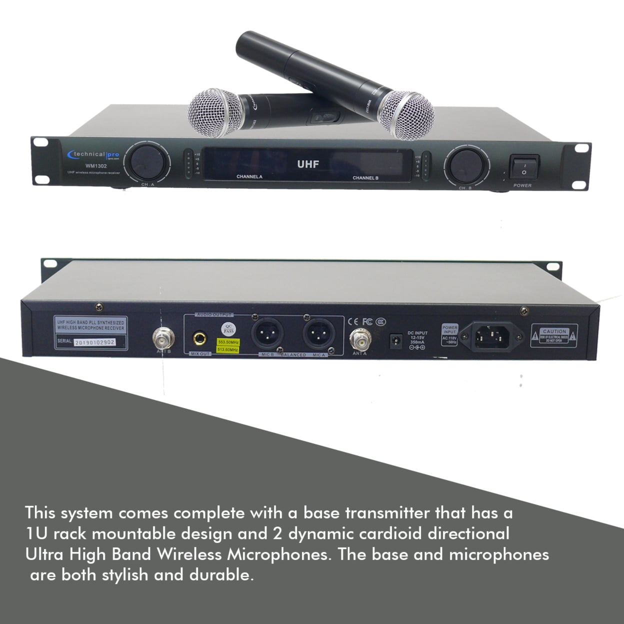Technical Pro UHF Dual Handheld Wireless Microphone System XLR Output LCD Display