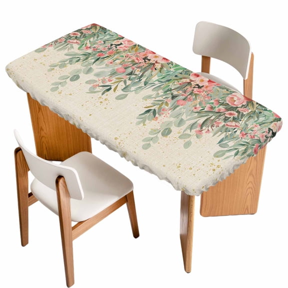 Floral Leaves Table Cloths for 4 Foot Rectangle Tables, Summer Botanical Weeping Watercolor Vintage Patio Waterproof Elastic Fitted Tablecloths, Washable Rectangular Table Cover for Camping