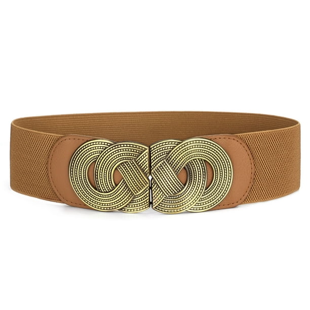 Cinturón elástico con hebilla entrelazada de metal Inspire Chic Retro, banda marrón, hebilla bronce, 25"-37"