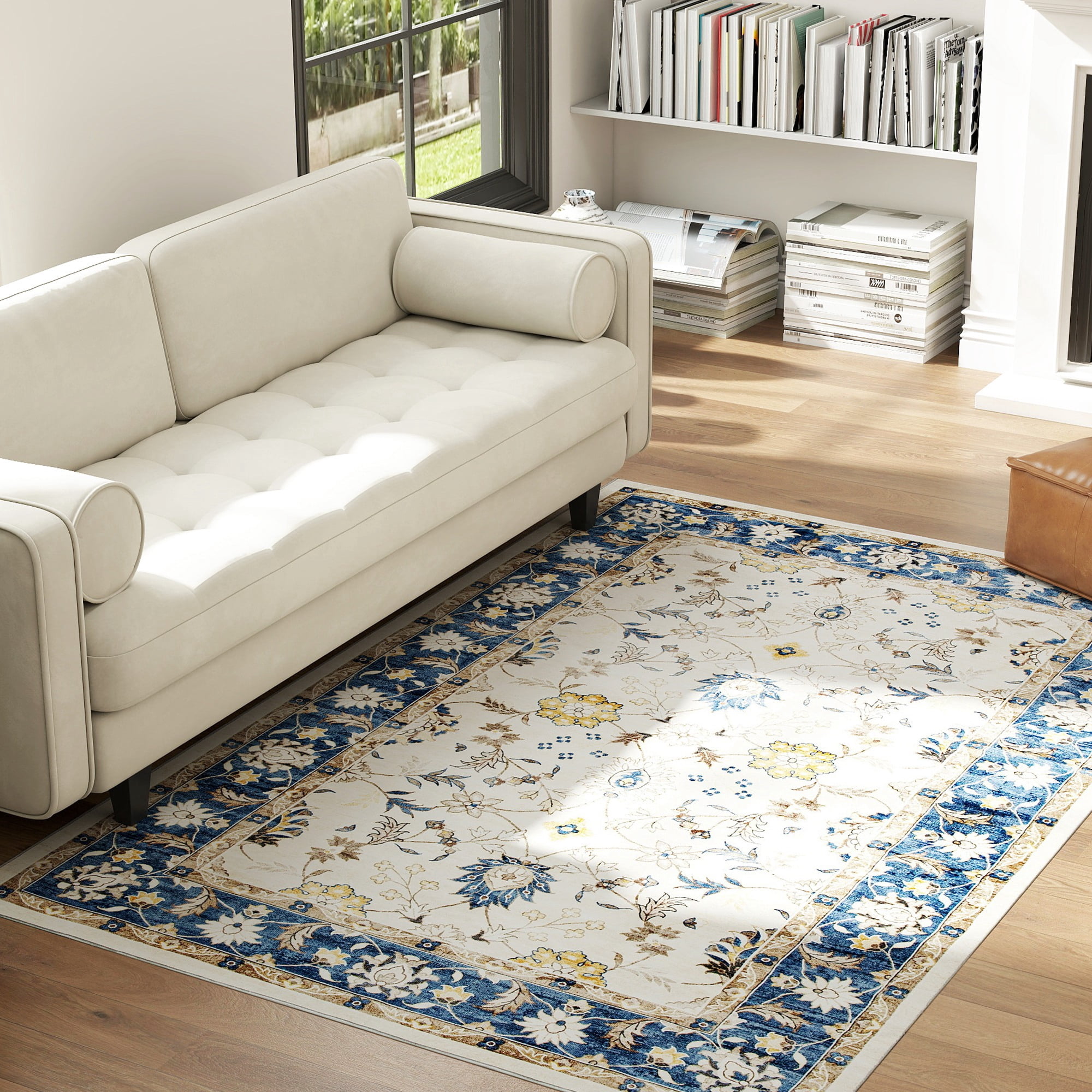 Blue Bohemian Floral Vine Area Rug 72"x48" Flannel Soft Non-Slip TPR Backing Machine Washable Rug for Living Room Bedroom