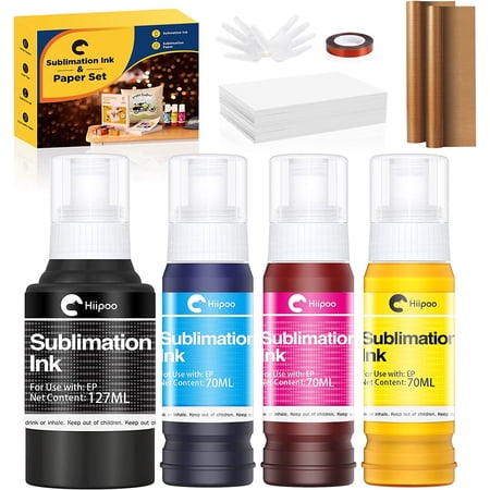 Hiipoo Sublimation Ink Set with 110 Sheet Sublimation Paper 8.5x11” 125G, 2 Pack Teflon Sheet, Heat Tape Fit for Epson Printers ET-2720 ET-2760 ET-2800 ET-2803 ET-2400 ET-4700 ET-4800 ET-15000