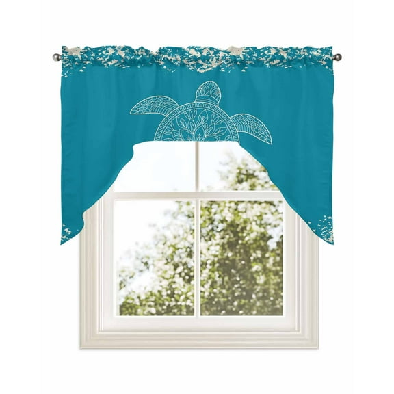 Turtle Turquoise Kitchen Curtains Swag Valance for Windows/Bathroom/Cafe, Coastal Ocean Boho Flower Retro Mottled Rod Pocket Drape Panel Swag Curtains Valance for Bedroom/Living Room 56"x36"