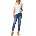 thumbnail image 2 of INSPIRE CHIC Women's Summer V Neck Short Sleeve Crochet Trim Textured Top M White 1, 2 of 6