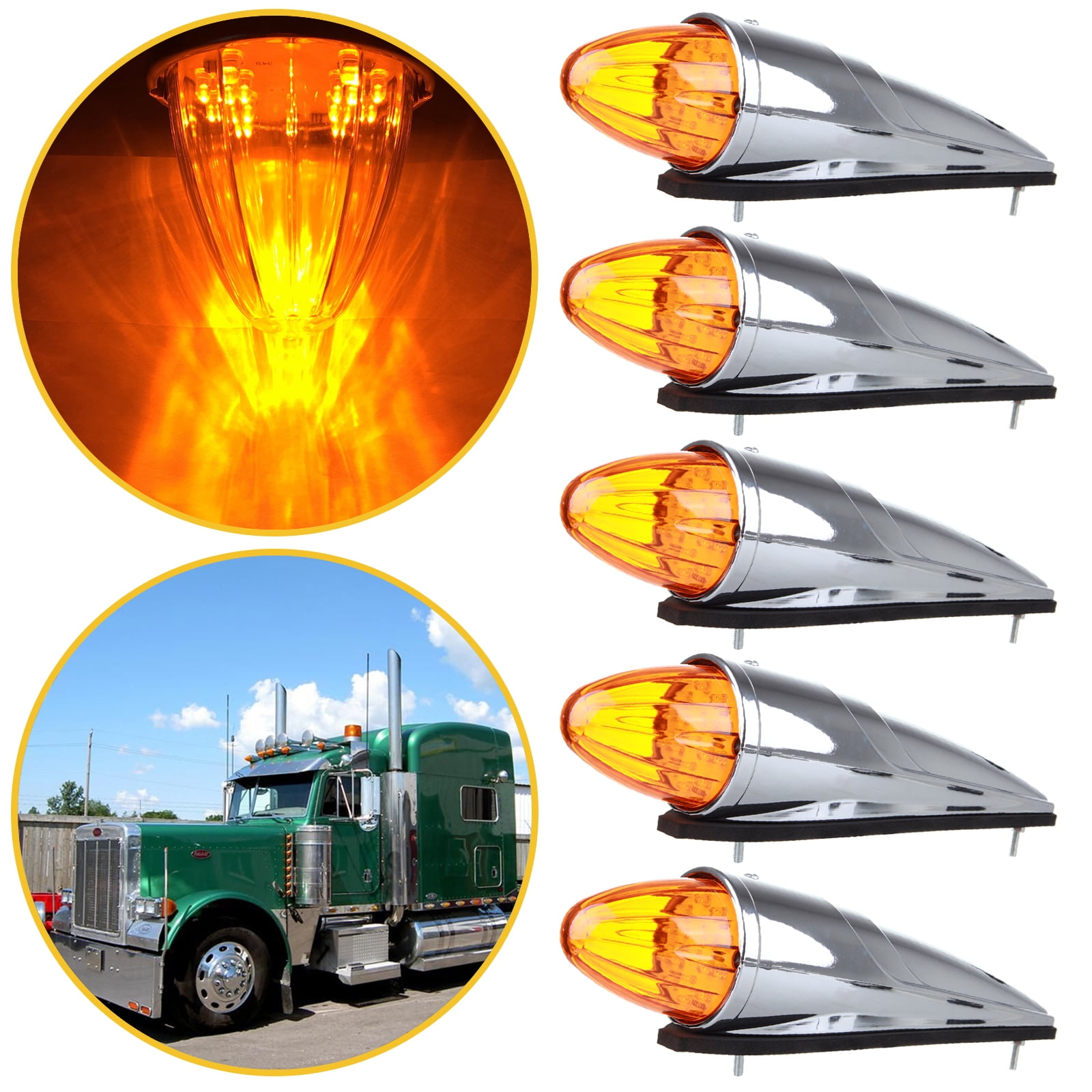 ECCPP Cab Marker Light 5X Amber 17LED Chrome Torpedo Cab Marker