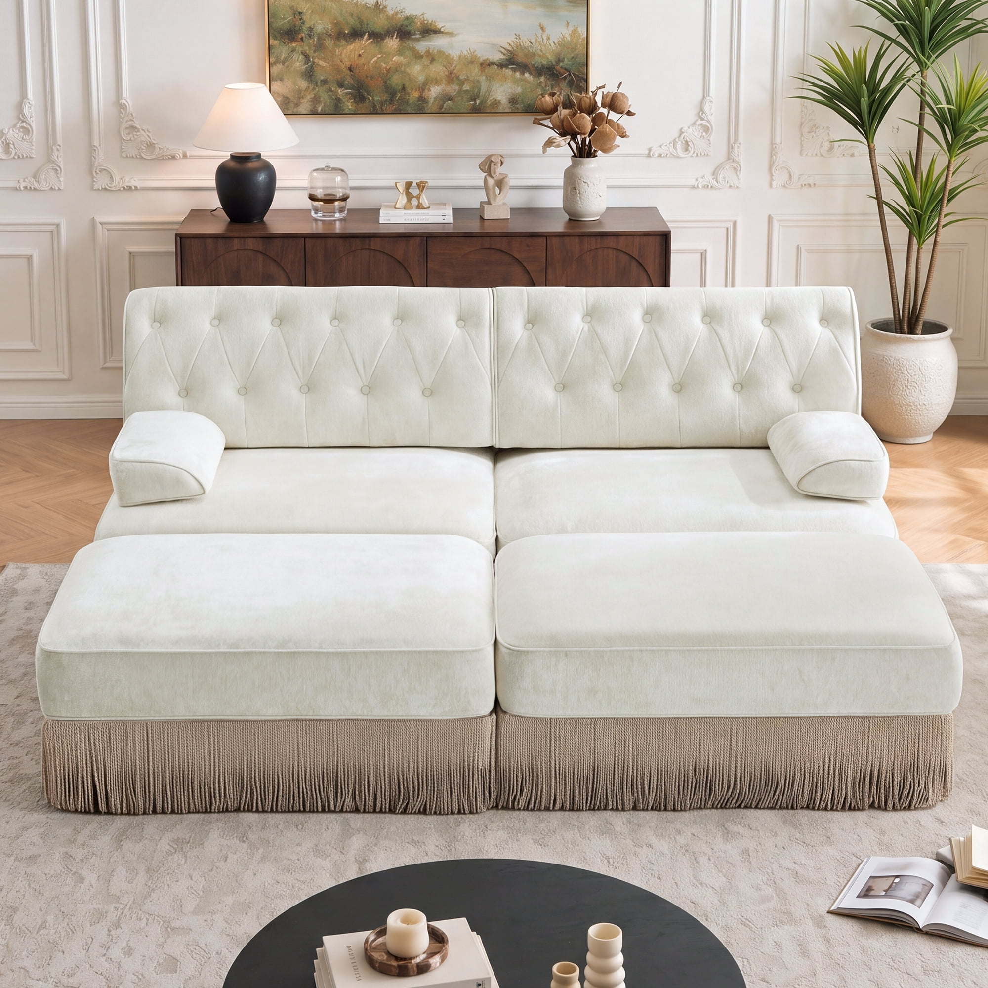 76.6" Chesterfield L-Shaped Modular Sectional Loveseat Sofa Set with 2 Ottoman and Tassel Skirt, Easy to Assemble