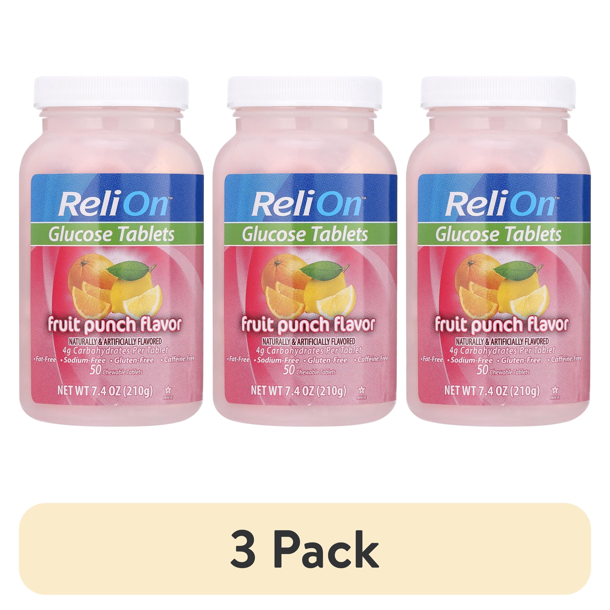 (3 pack) ReliOn Glucose Tablets Fruit Punch Flavor 50 Count Chewable Tablets