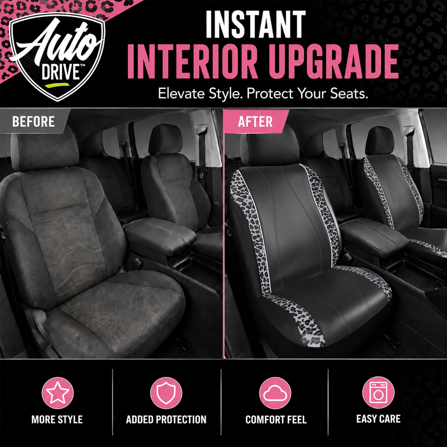 Auto Drive Car Seat Covers , Fashion Seat Covers,Leopard Print & Rhinestone Trim Front Seat Covers, Universal Fit, Airbag Compatible for Cars, SUVs and Trucks,Black