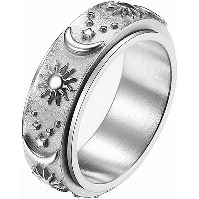 Stainless Steel Spinner Ring for Anxiety Fidget Rings for Relieving Stress Anxiety Ring Sun Moon Stars Promise Engagement Ring Size 6-12 - -