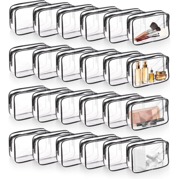 MOAMUN 24 PCS Clear Makeup Bag with Zipper, Waterproof Transparent Toiletry Bag Organizer, PVC Portable Cosmetic Bags for Women Men Traveling Vacation Bathroom Home (Black)