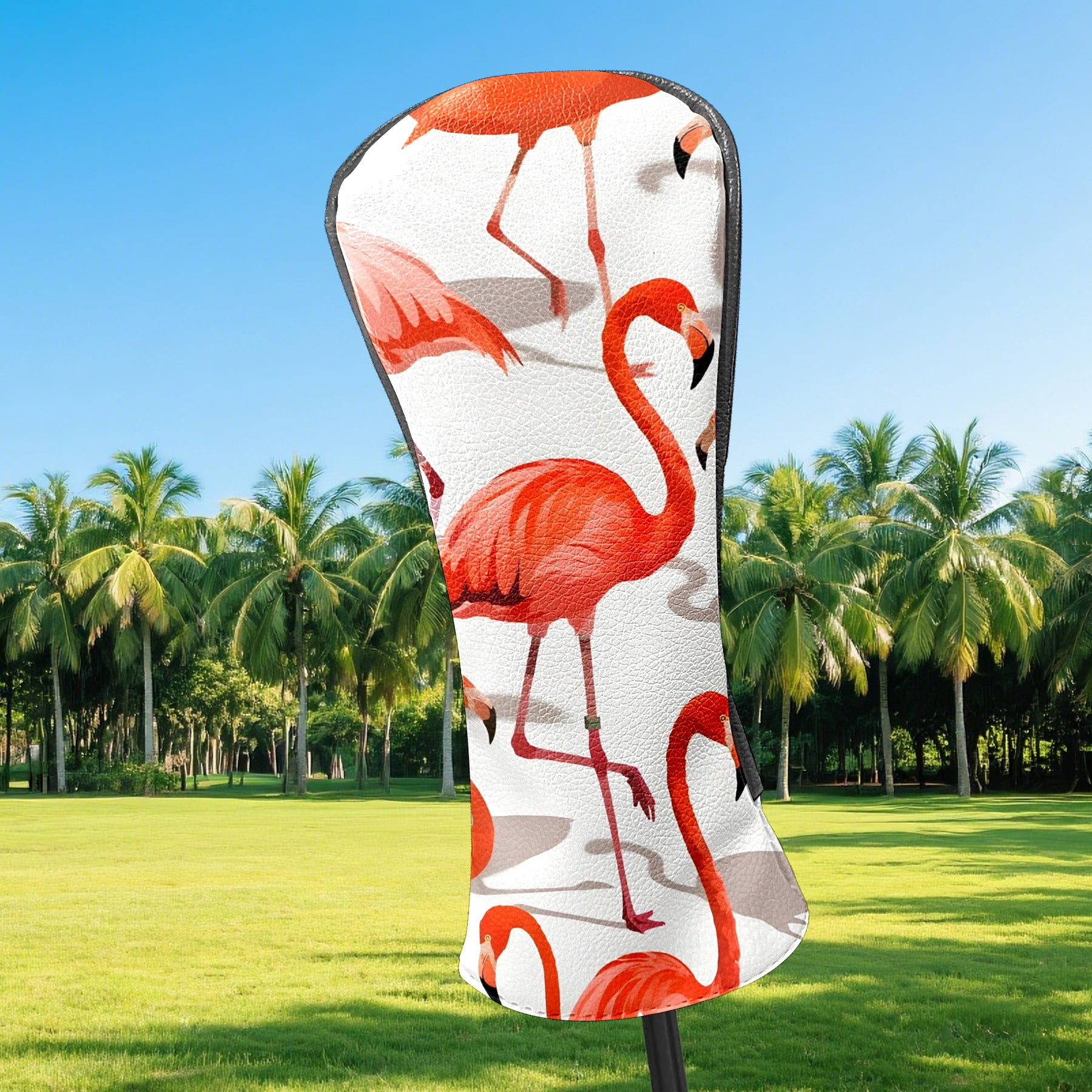 Golf Club Covers, Red Flamingo Premium PU Leather Driver Hybrid Putter Head Covers with Velvet Lining, Waterproof Golf Gifts for Men Women