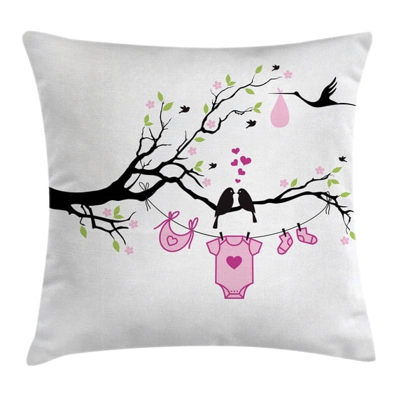 Gender Reveal Decorations Throw Pillow Cushion Cover, Newborn Girl Announcement with Birds on Branch Hearts Love, Decorative Square Accent Pillow Case, 16 X 16 Inches, Pink Lime Black, by Ambesonne