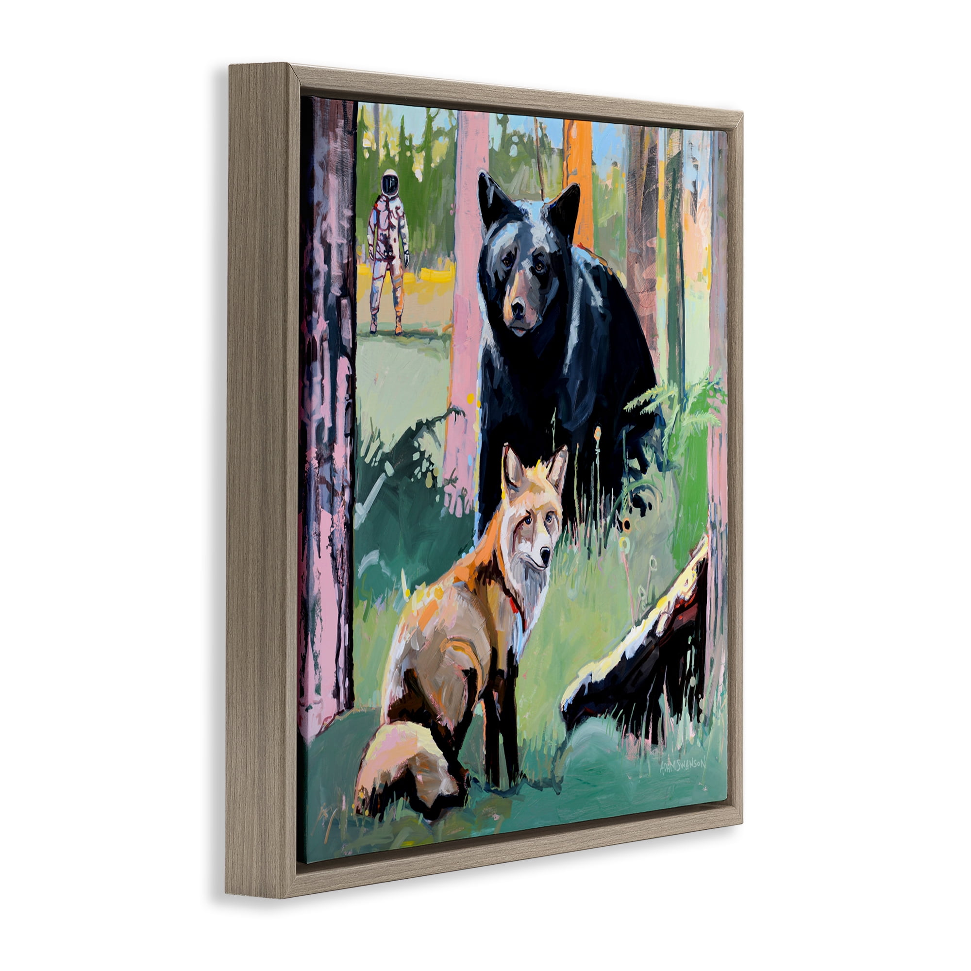 Forest Animals in Deep Space Brown Framed Floater Canvas Wall Art, design by Adam Swanson