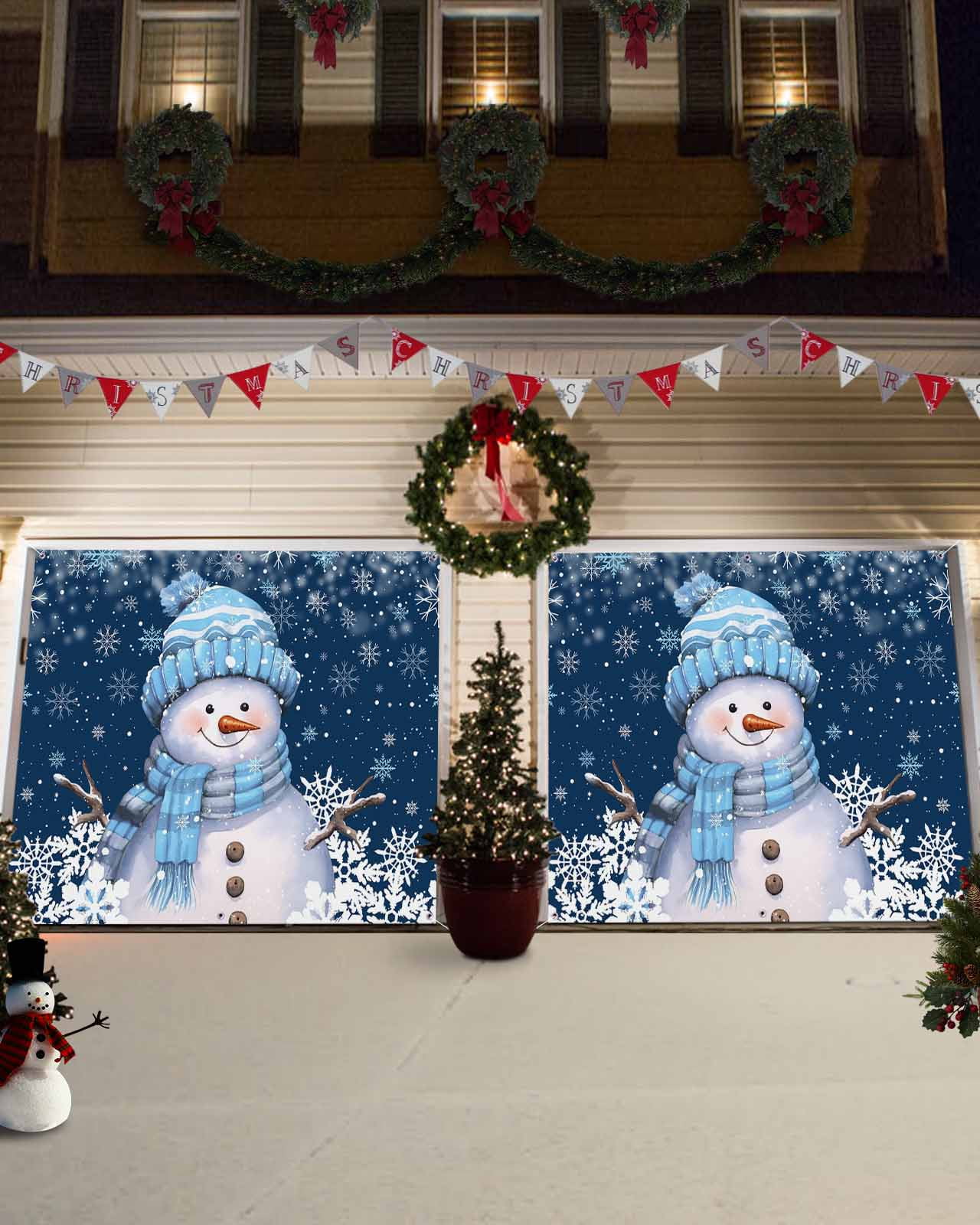 Garage Door Banner Cover 7 x 8 ft, Blue Christmas Snowman with Cap Xmas Tree Snowflake Christmas Garage Door Decorations Holiday Christmas Backdrop Decor for Winter New Year Xmas Party