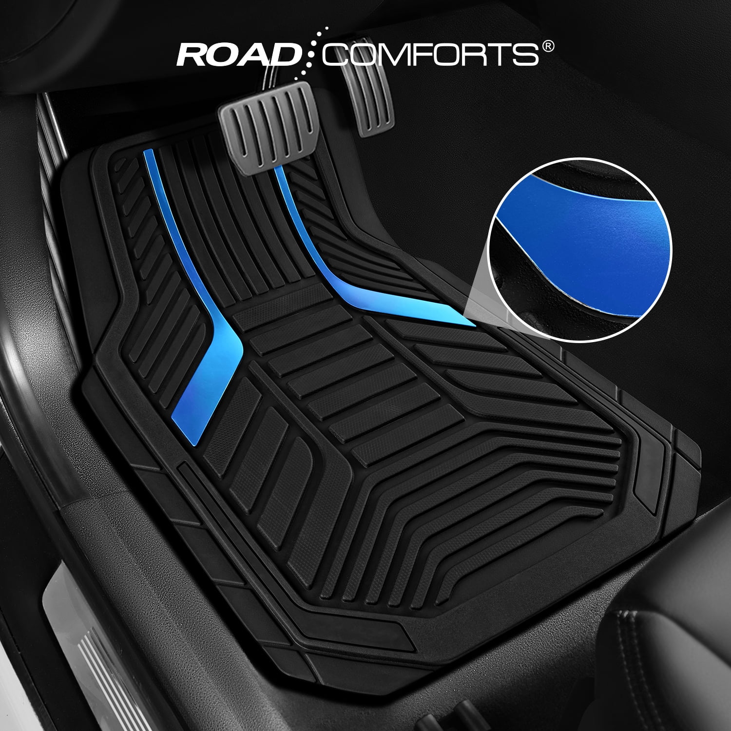 Road Comforts Heavy Duty Rubber Floor Mats Blue Aluminum Film Car Mats Set, Front and Rear Car Mats