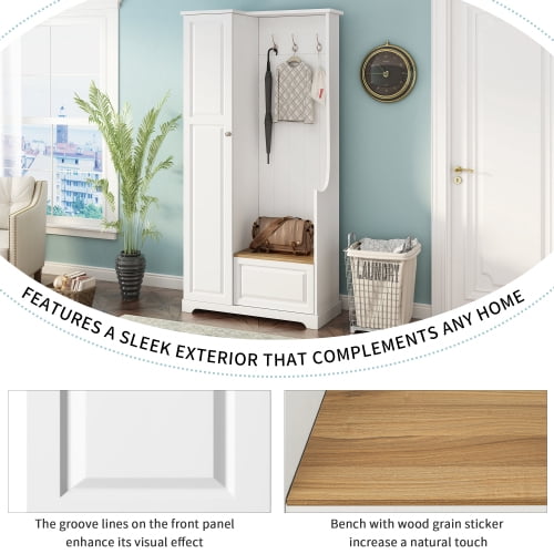 Hall Tree with Flip-Up Bench and Shoe Cabinet, Adjustable Shelves, Hooks, Entryway Mudroom Furniture, White