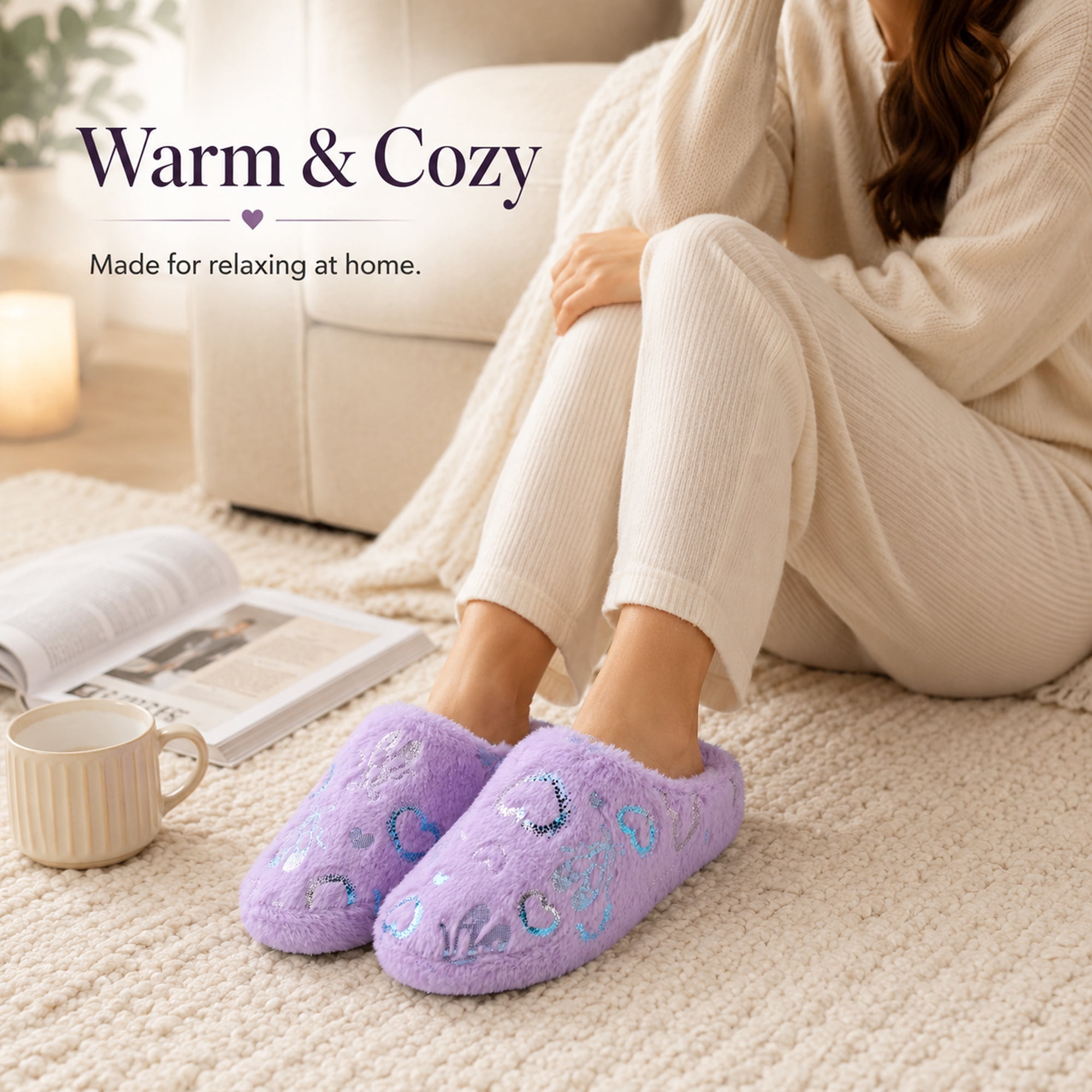Aerusi Women’s Fuzzy Heart House Slippers, Closed Toe Slip-On Warm Plush Indoor Outdoor Shoes, Non-Slip Sole