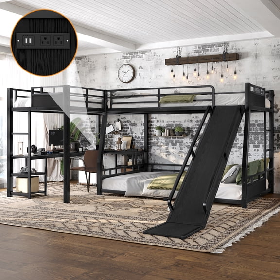 The Sanctuary Full Size L-Shaped Metal Bunk Bed (Top Bed: Full/FullXL, USB Ports, For Study, Black), Stylish Style, Supports up to 350 lbs