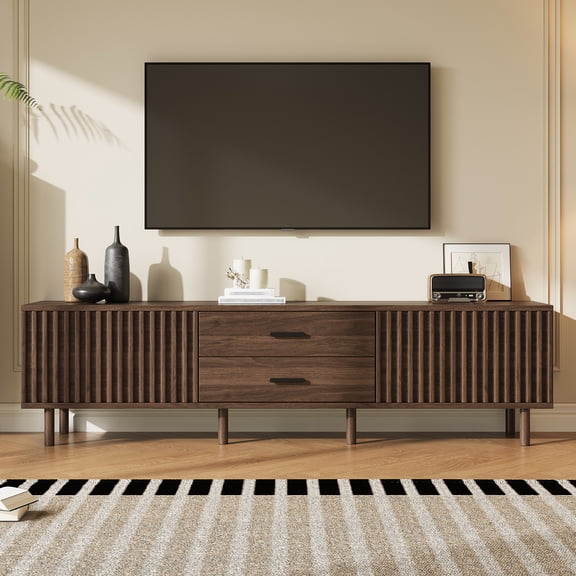 TV Stand for TVs up to 80 Inch, Entertainment Center with Slatted Doors & Ample Storage, Media Console with Solid Wood Legs for Living Room