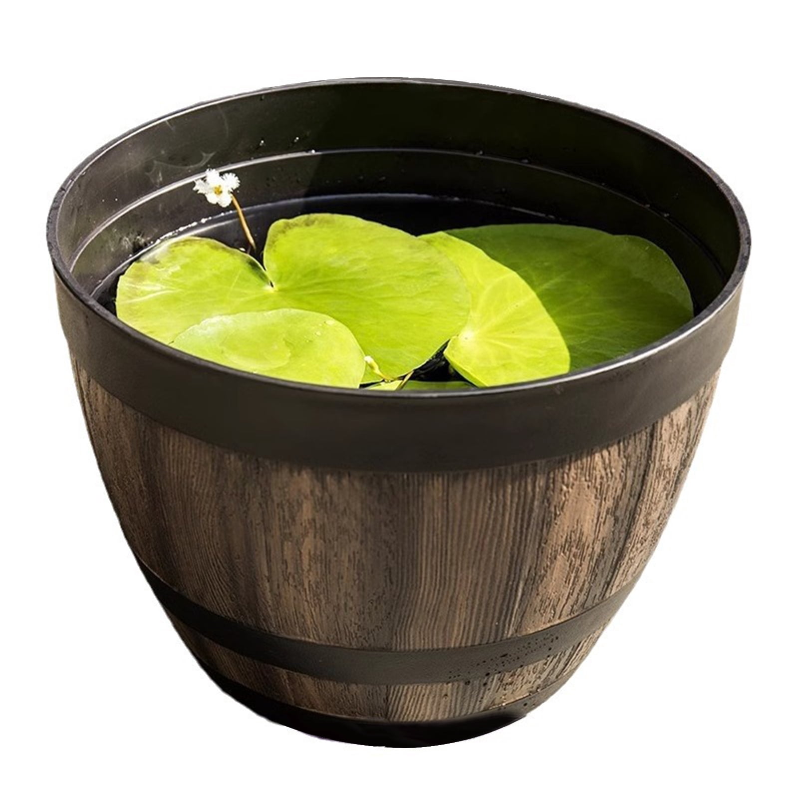 OIUR Large Flower Pot Whiskey Barrel Design Plant Pot with Drainage Holes Saucer Lotus Planter Rustic Garden Pots for Herbs Outdoor Planting
