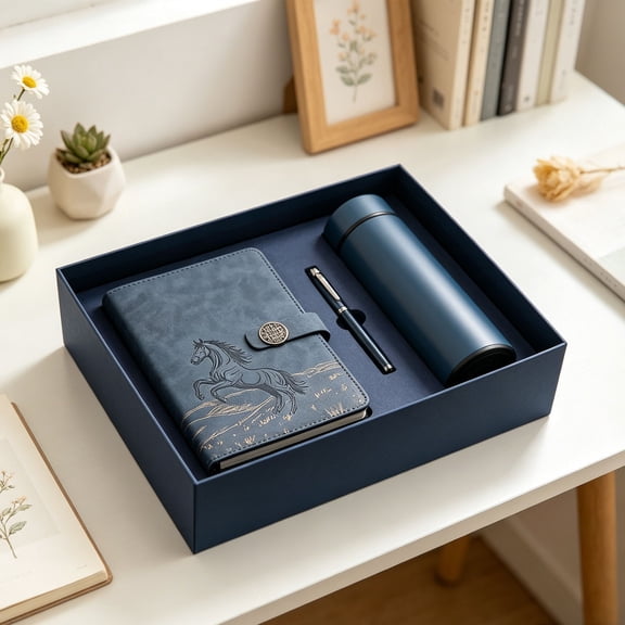 Business Gift Set with Horse Embossed Journal, Insulated Stainless Steel Water Bottle & Metal Pen, Luxury Office Notebook and Tumbler Set for Corporate, Graduation & Holiday Gifts, Misty Blue