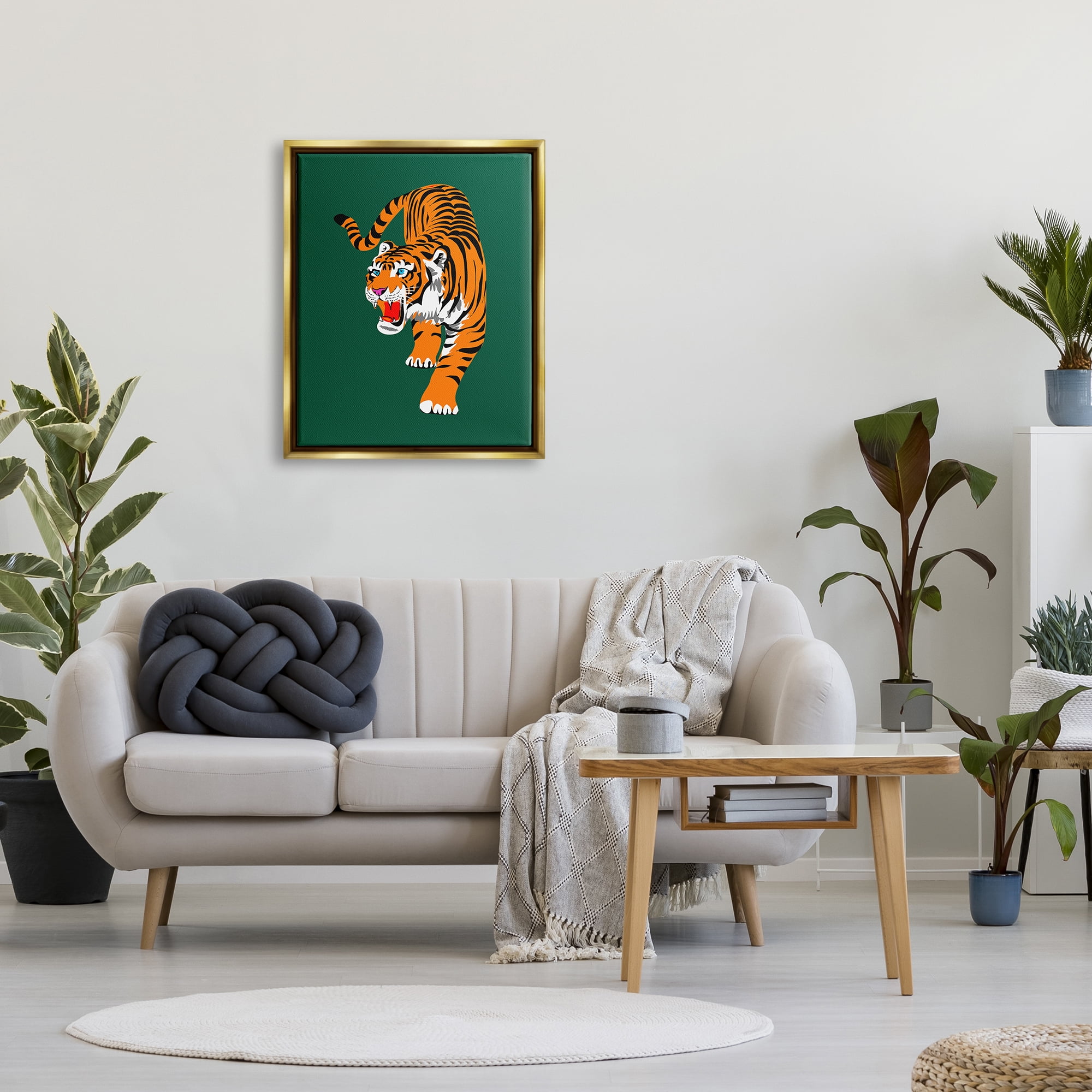 Stupell Industries Roaring Tiger on Green Animals & Insects Painting Gold Floater Framed Canvas Art Print Wall Art, 25 x 31